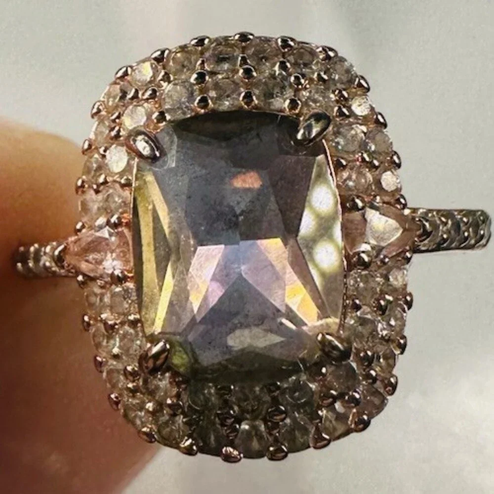 Bomb Party Ring Size 6 Rose Gold Smoky Lavender Cushion Halo Statement Ring